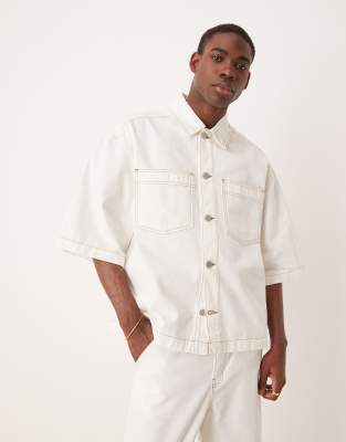Asos ASOS DESIGN Co-ord Oversized Short Sleeve Denim Shirt With Patch Pockets And Baggy Trousers In Ecru - CREAM