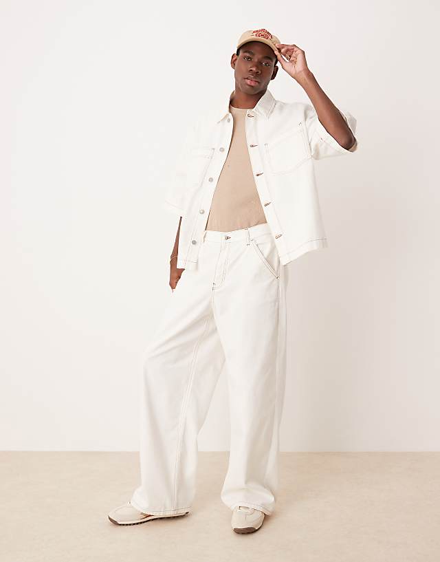 asos ASOS DESIGN co-ord oversized short sleeve denim shirt with patch pockets and baggy trousers in ecru - CREAM