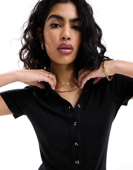 Asos ASOS DESIGN Collared Linen Look Mini Tea Dress With Button Front In Black