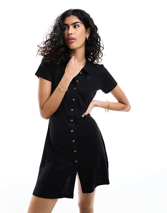 asos ASOS DESIGN collared linen look mini tea dress with button front in black