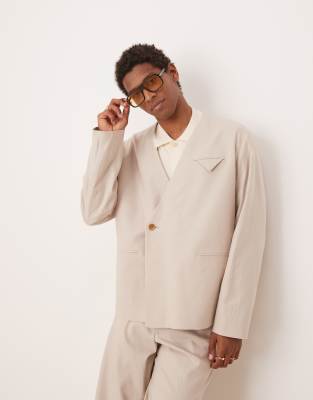 Asos ASOS DESIGN Collarless Boxy Suit With Linen In Stone