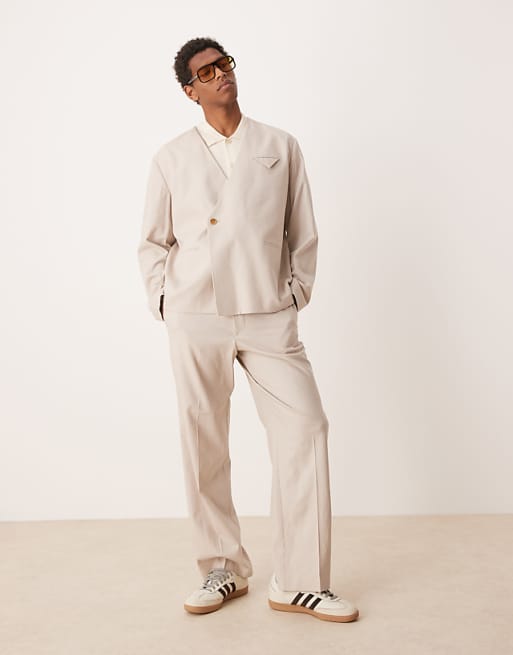 asos ASOS DESIGN collarless boxy suit with linen in stone