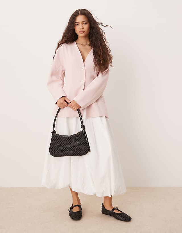 Asos ASOS DESIGN Collarless Nipped Waist Blazer With Linen In Pink