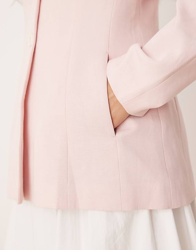 Asos ASOS DESIGN Collarless Nipped Waist Blazer With Linen In Pink