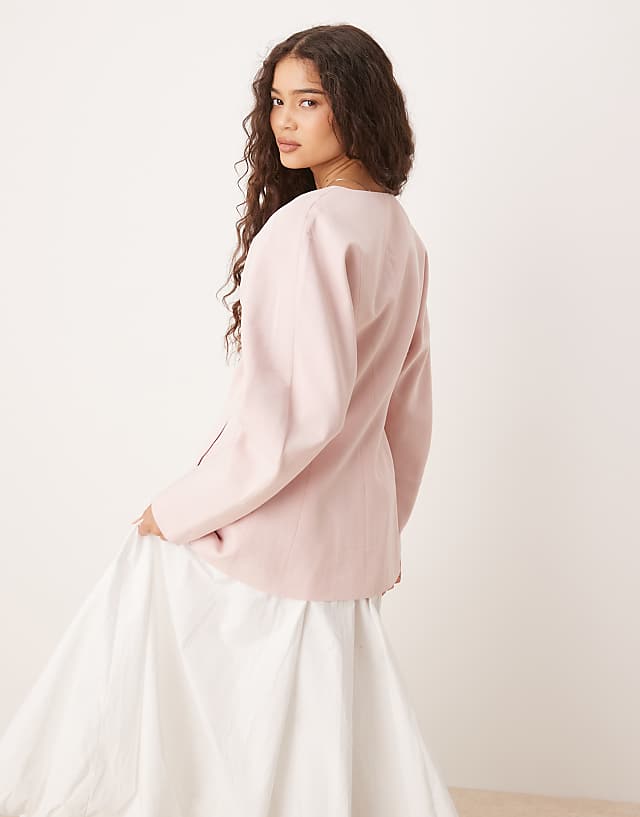 Asos ASOS DESIGN Collarless Nipped Waist Blazer With Linen In Pink