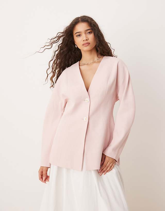 asos ASOS DESIGN collarless nipped waist blazer with linen in pink
