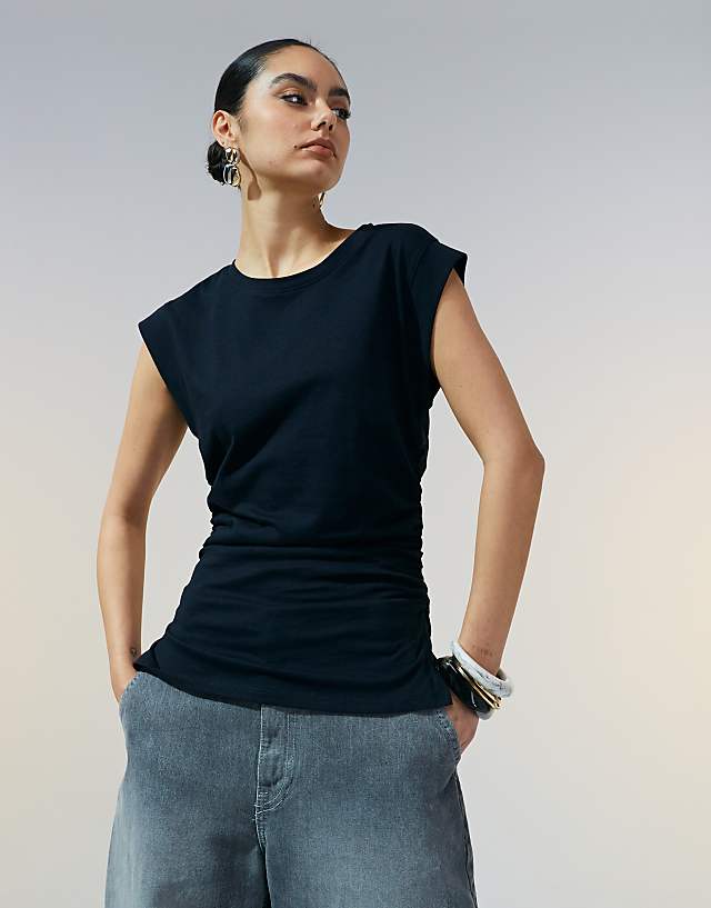 asos ASOS DESIGN corset waist sharp shoulder tank top in black