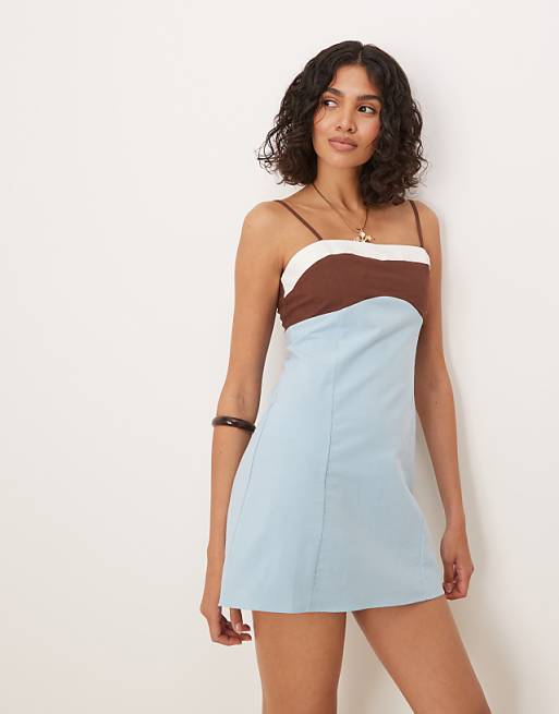 asos ASOS DESIGN cotton linen colour block cami mini dress in blue colour block