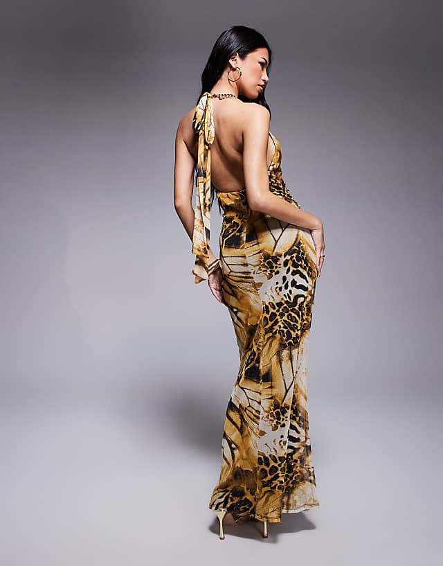 Asos ASOS DESIGN Cowl Halterneck Maxi Dress With Knot Detail In Yellow Animal Print