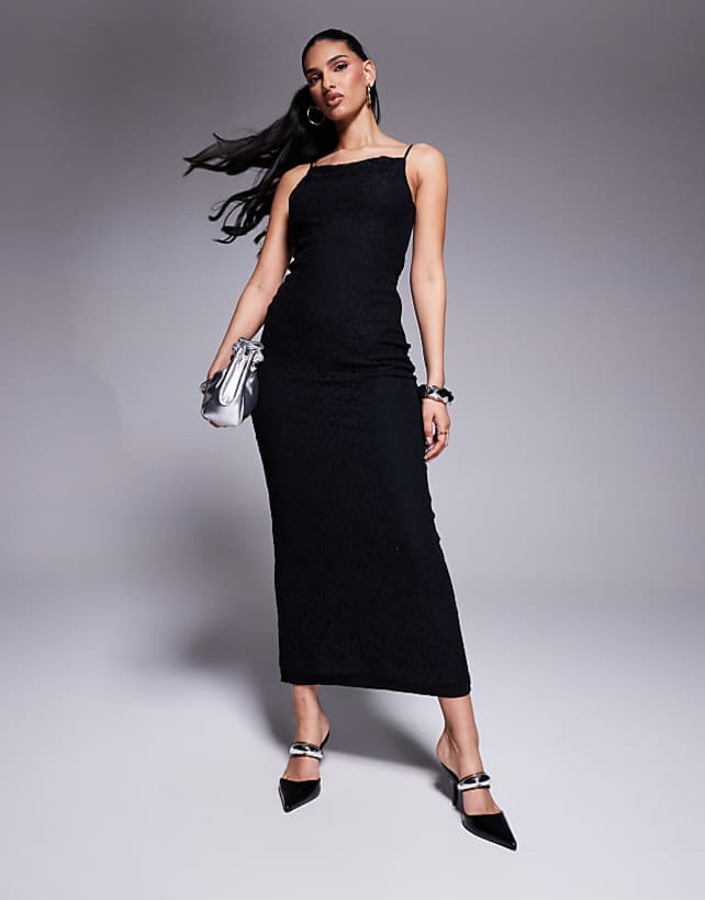 asos ASOS DESIGN cowl neck cami lace maxi dress with mesh panel in black