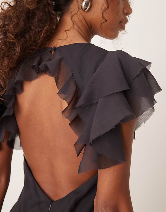 Asos ASOS DESIGN Cowl Neck Frill Sleeve Ruffle Maxi Dress In Charcoal