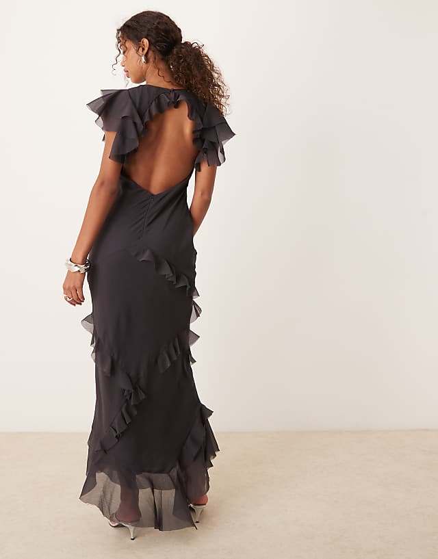 Asos ASOS DESIGN Cowl Neck Frill Sleeve Ruffle Maxi Dress In Charcoal