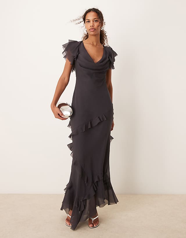 asos ASOS DESIGN cowl neck frill sleeve ruffle maxi dress in charcoal