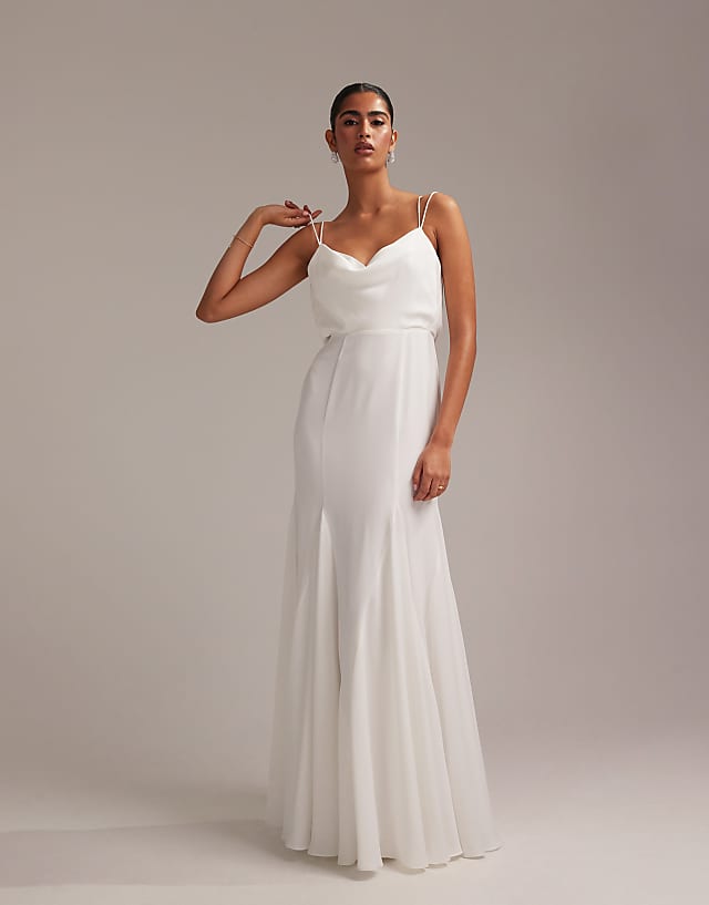 Asos ASOS DESIGN Cowl Neck Satin Cami Maxi Wedding Dress With Godets In White