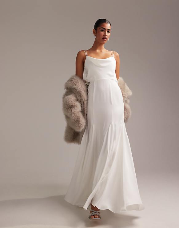 asos ASOS DESIGN cowl neck satin cami maxi wedding dress with godets in white