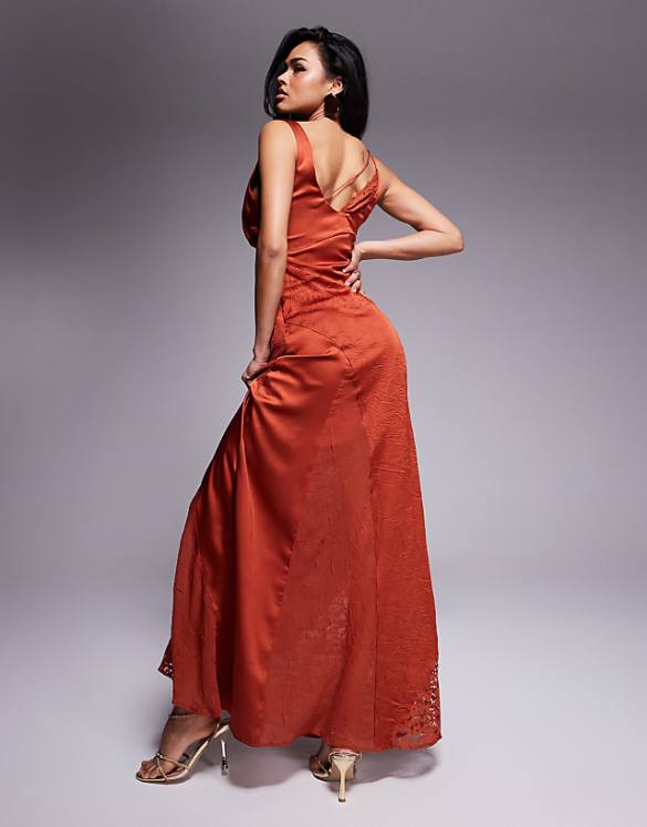 Asos ASOS DESIGN Cowl Neck Satin Maxi Dress With Lace Panelling In Rust