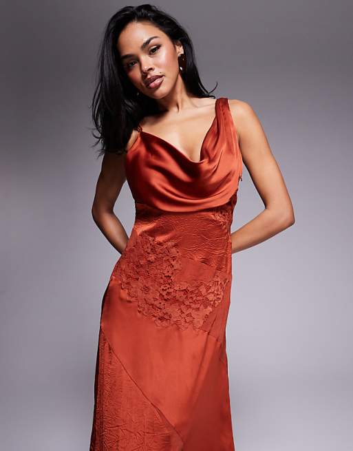 Asos ASOS DESIGN Cowl Neck Satin Maxi Dress With Lace Panelling In Rust