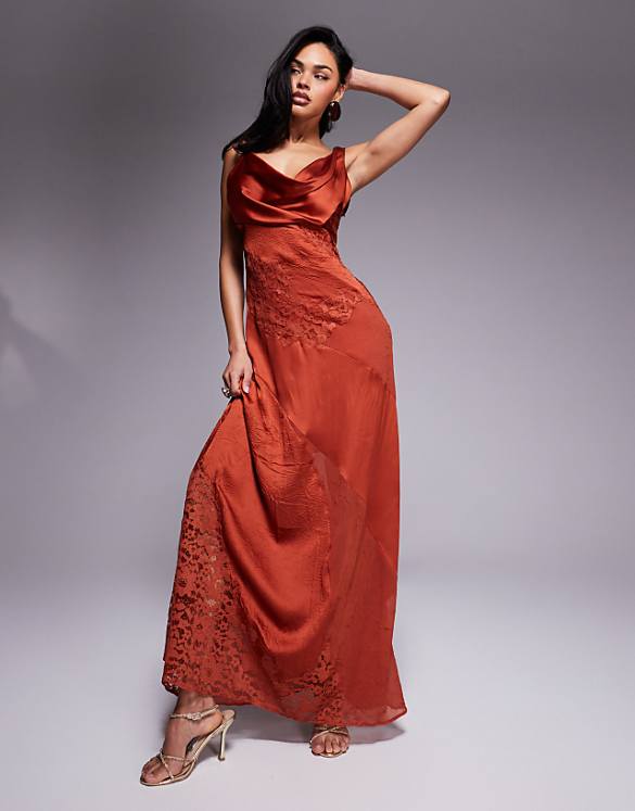 asos ASOS DESIGN cowl neck satin maxi dress with lace panelling in rust