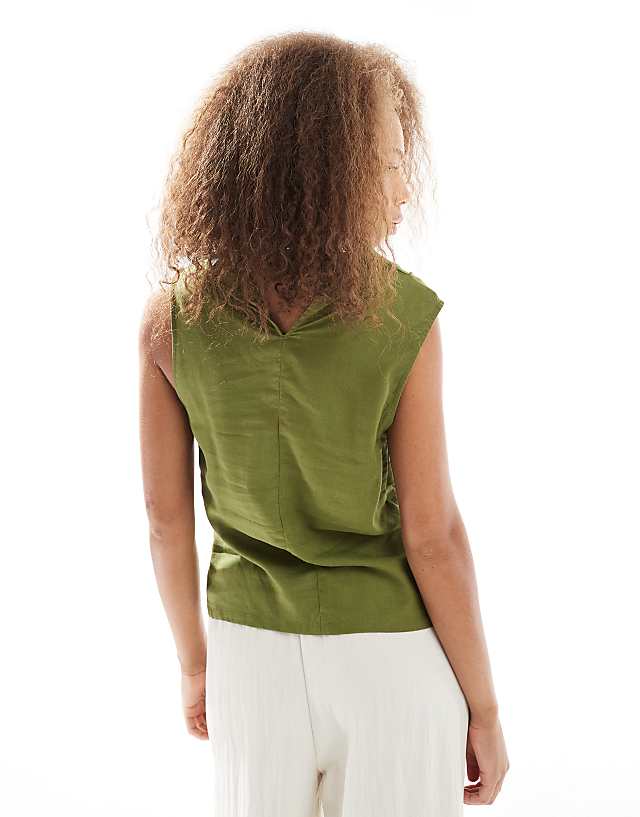 Asos ASOS DESIGN Cowl Neck Sleeveless Top In Linen Blend In Khaki
