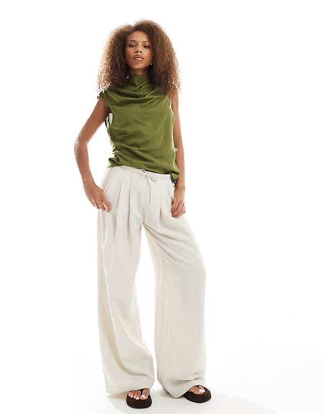 Asos ASOS DESIGN Cowl Neck Sleeveless Top In Linen Blend In Khaki