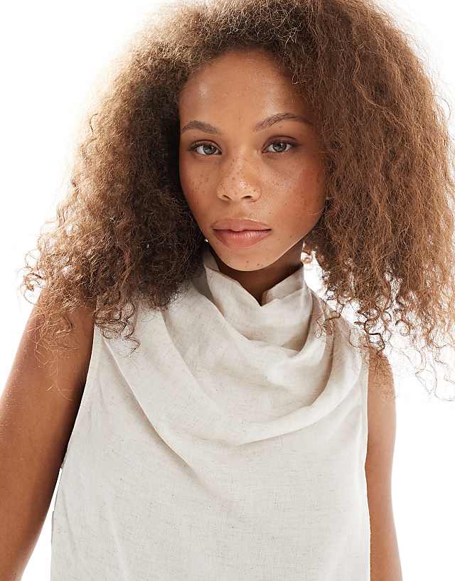 Asos ASOS DESIGN Cowl Neck Sleeveless Top In Linen Blend In Stone