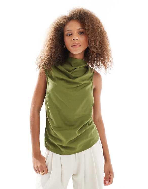 asos ASOS DESIGN cowl neck sleeveless top in linen blend in khaki