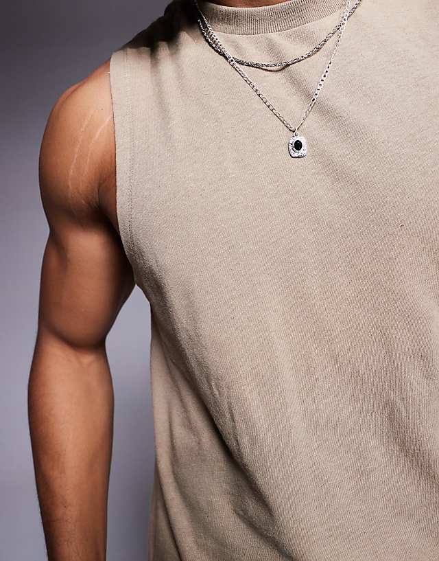Asos ASOS DESIGN Crew Neck Boxy Linen Mix Tank In Stone