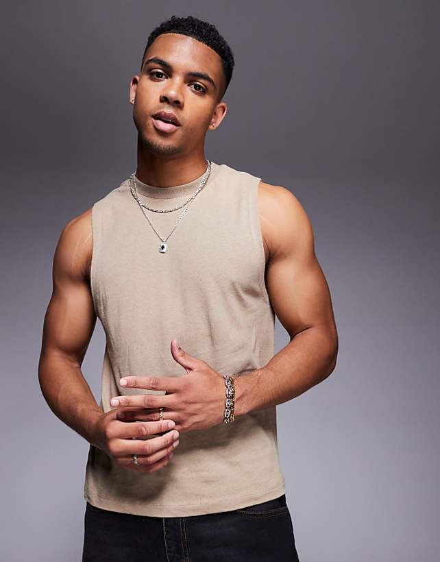 asos ASOS DESIGN crew neck boxy linen mix tank in stone