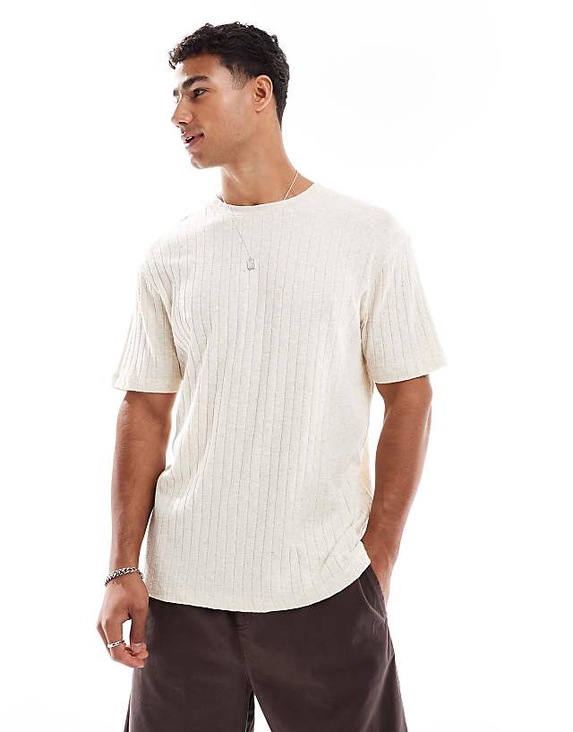 asos ASOS DESIGN crew neck linen look t-shirt in beige