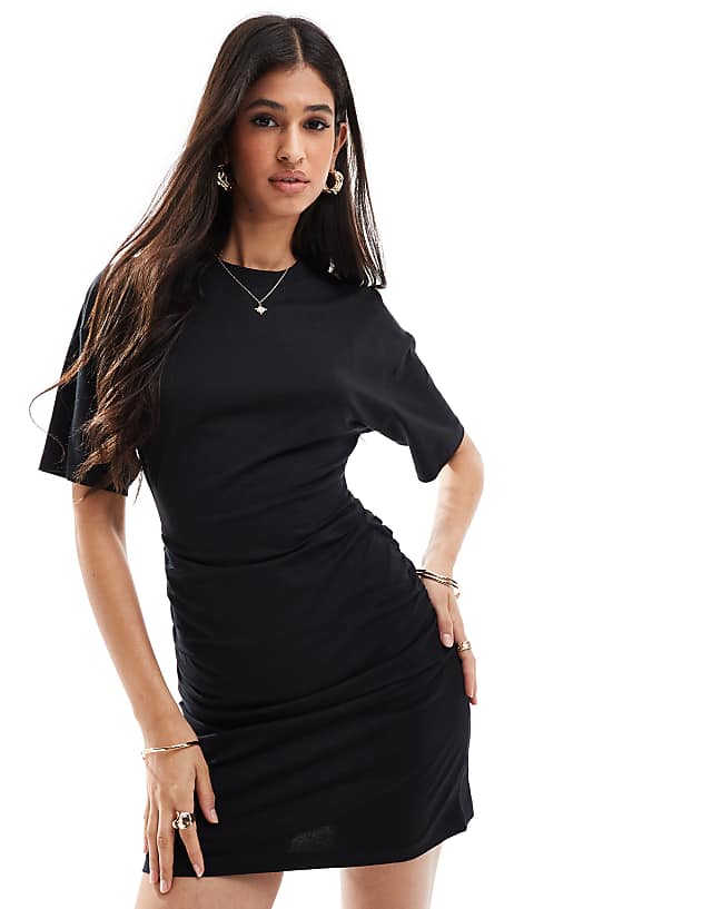 Asos ASOS DESIGN Crew Neck Mini T-shirt Dress With Ruched Sides In Black
