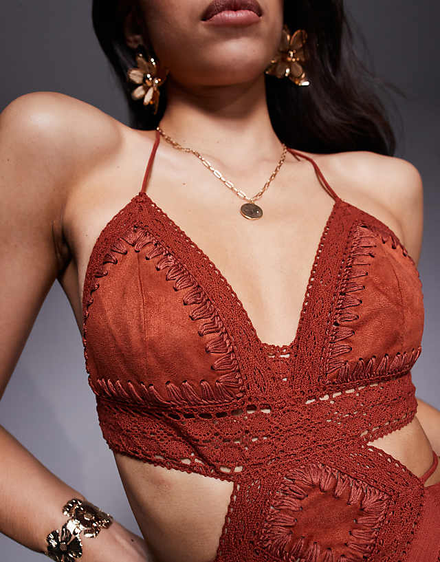 Asos ASOS DESIGN Crochet And Faux Suede Bust Tiered Maxi Dress With Cut Out In Rust