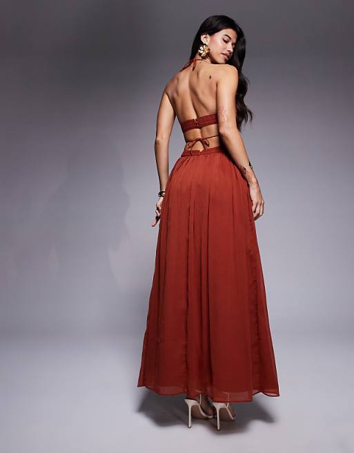 Asos ASOS DESIGN Crochet And Faux Suede Bust Tiered Maxi Dress With Cut Out In Rust