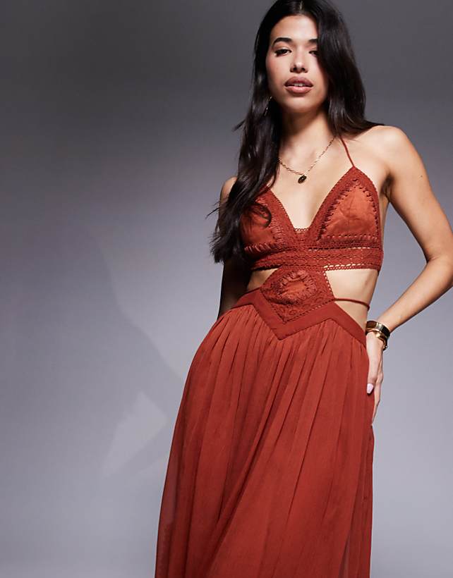 Asos ASOS DESIGN Crochet And Faux Suede Bust Tiered Maxi Dress With Cut Out In Rust