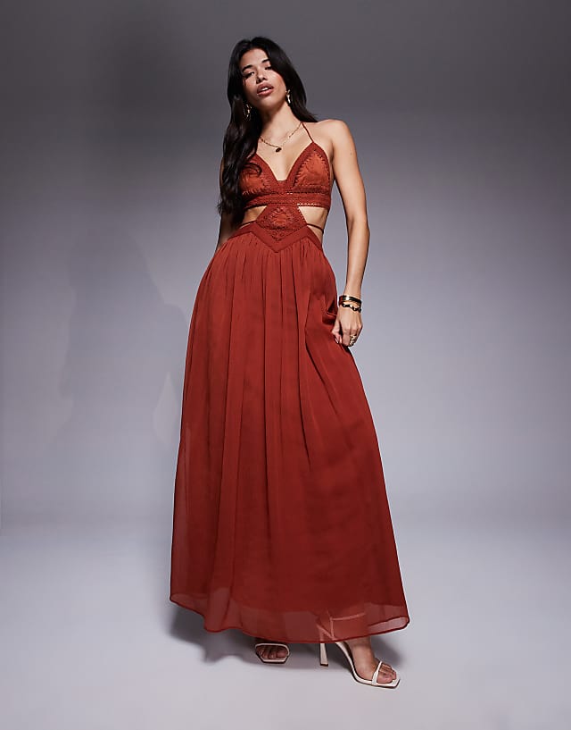 asos ASOS DESIGN crochet and faux suede bust tiered maxi dress with cut out in rust