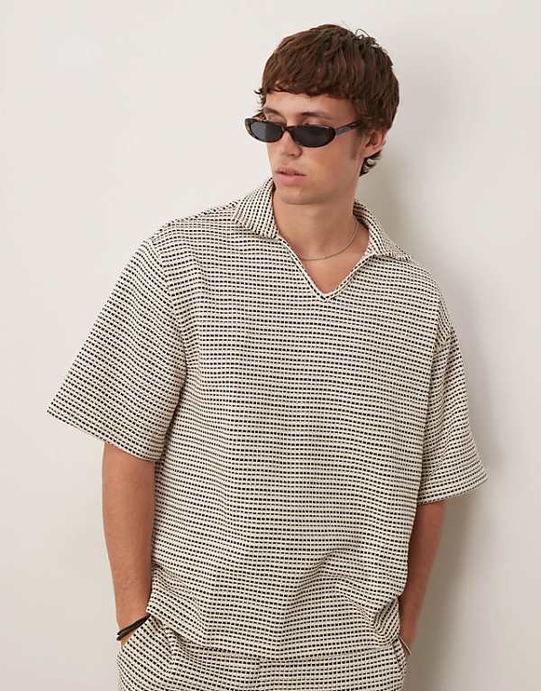 asos ASOS DESIGN crochet oversized striped polo shirt co-ord in black and white