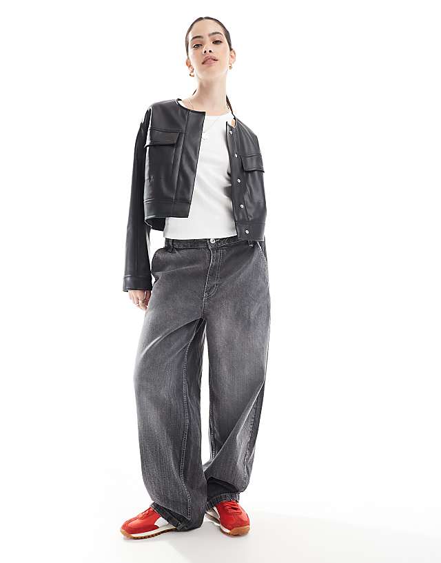 Asos ASOS DESIGN Cropped Collarless Leather Look Jacket In Black