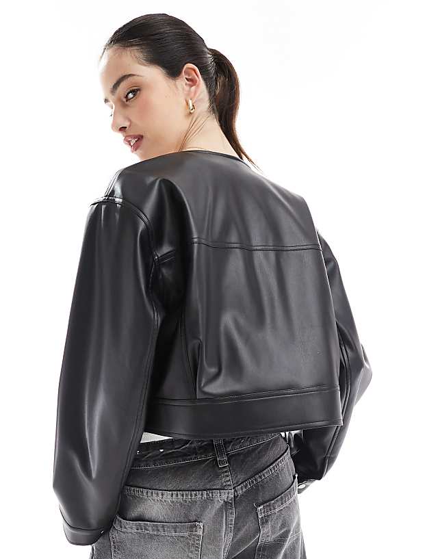 Asos ASOS DESIGN Cropped Collarless Leather Look Jacket In Black