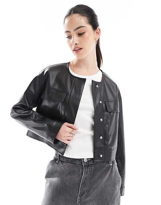 asos ASOS DESIGN cropped collarless leather look jacket in black