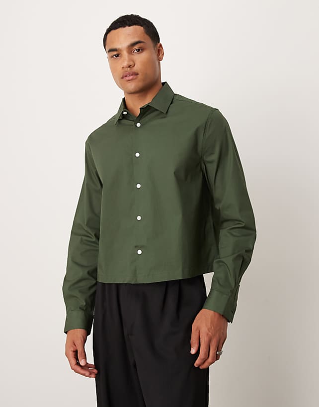 asos ASOS DESIGN cropped poplin regular shirt in khaki