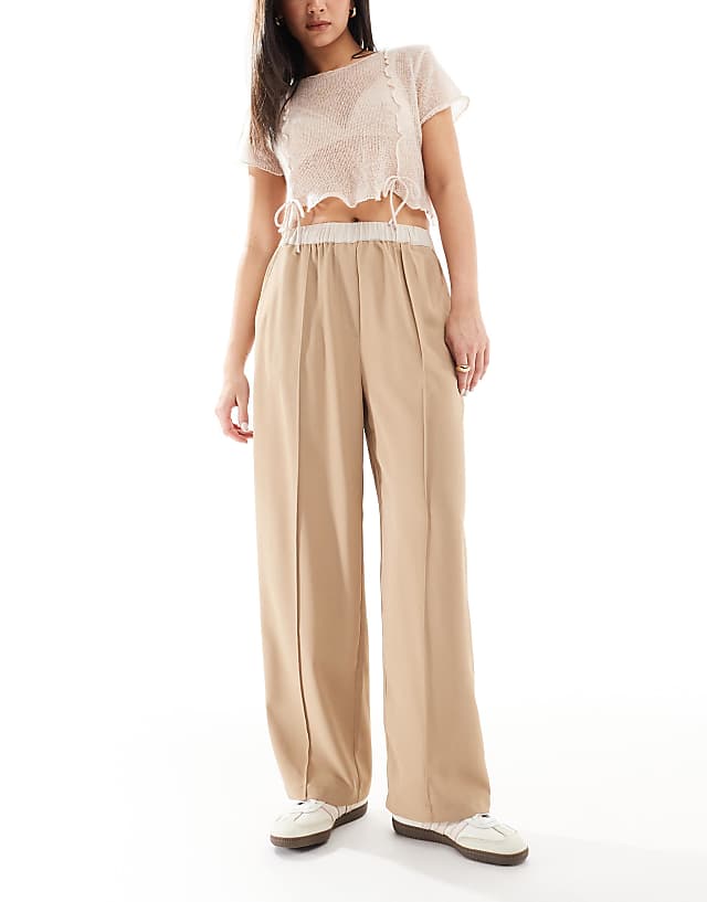 asos ASOS DESIGN cropped pull on trousers with contrast waist in camel