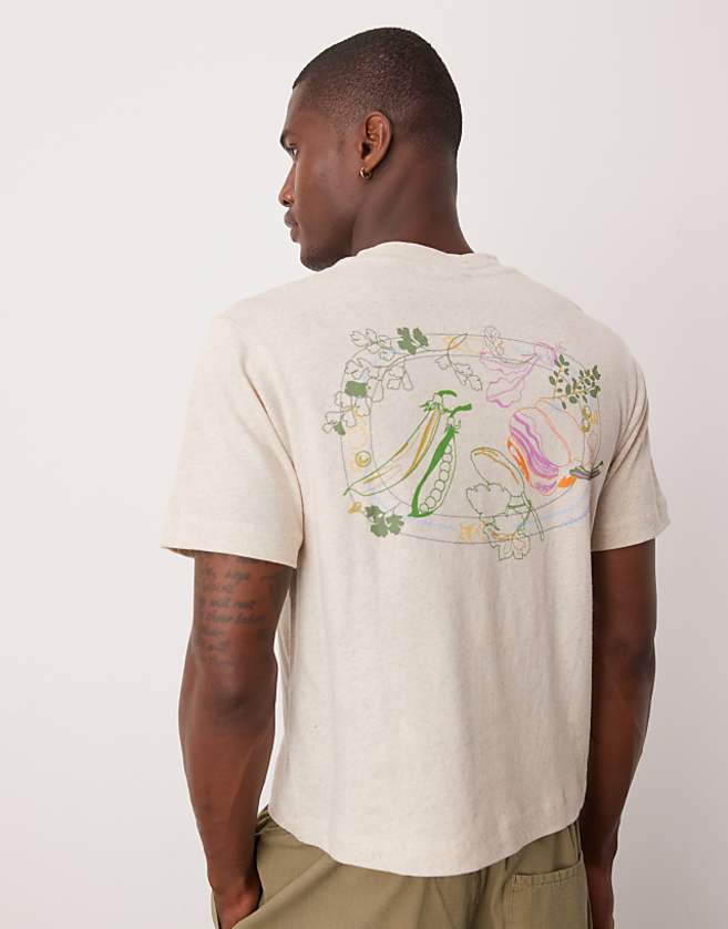 asos ASOS DESIGN cropped relaxed linen mix t-shirt with food graphic in cream