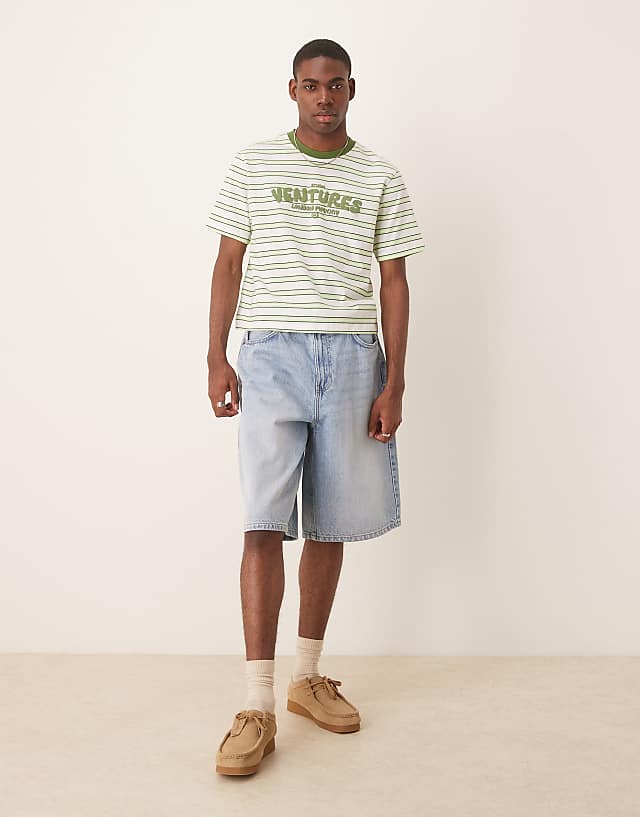 Asos ASOS DESIGN Cropped T-shirt With Puff Text Graphic In Green Stripe