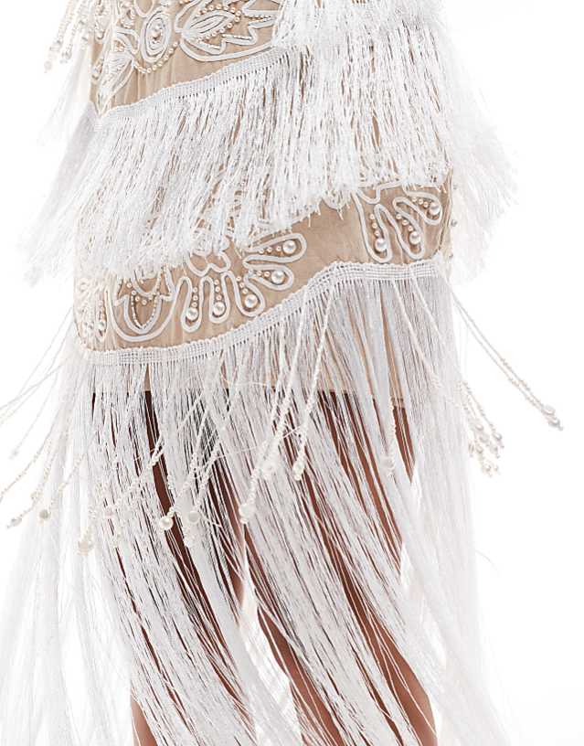 Asos ASOS DESIGN Cupped Embellished Cut Out Maxi Dress With Fringing In Stone