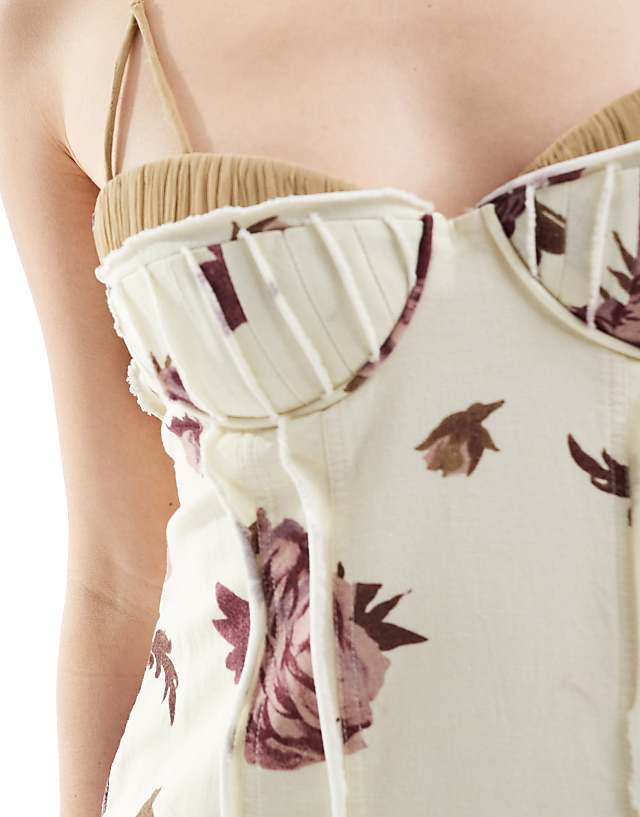 Asos ASOS DESIGN Cupped Panelled Linen Midi Pencil Dress With Cut Out Detail In Floral Print