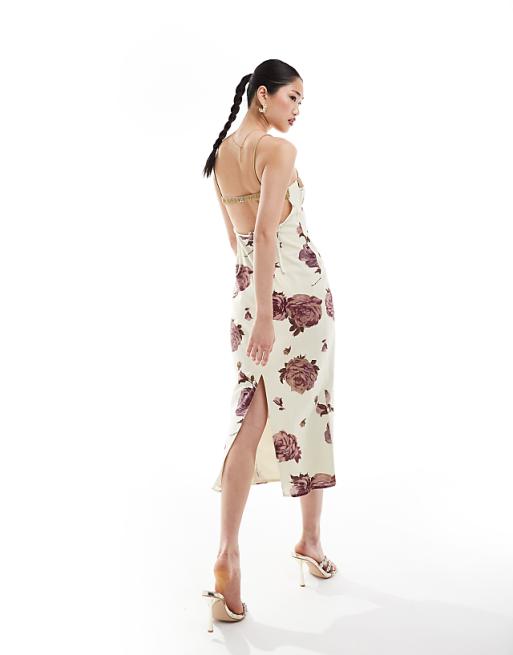 Asos ASOS DESIGN Cupped Panelled Linen Midi Pencil Dress With Cut Out Detail In Floral Print