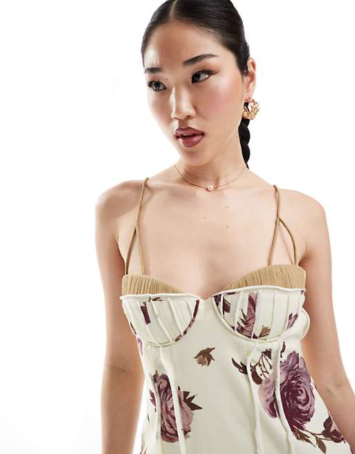 Asos ASOS DESIGN Cupped Panelled Linen Midi Pencil Dress With Cut Out Detail In Floral Print