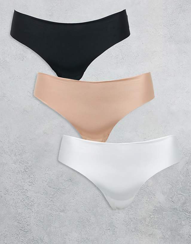 asos ASOS DESIGN Curve 3 pack no vpl and lace thong in black white & beige