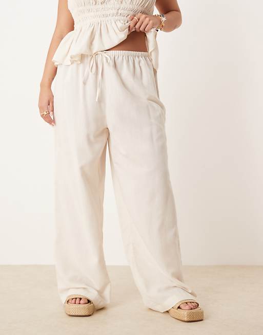 Asos ASOS DESIGN Curve Belle Beach Wide Leg Trouser With Linen In Natural