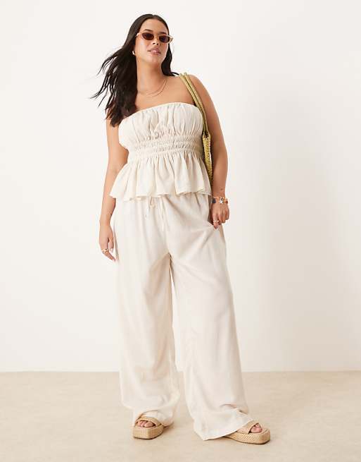 asos ASOS DESIGN Curve Belle beach wide leg trouser with linen in natural