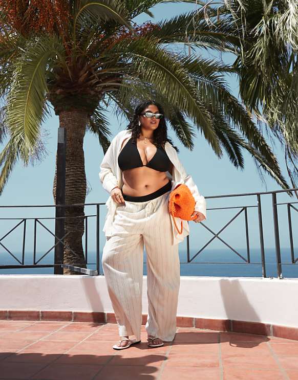asos ASOS DESIGN Curve Belle beach wide leg trouser with linen in mono stripe
